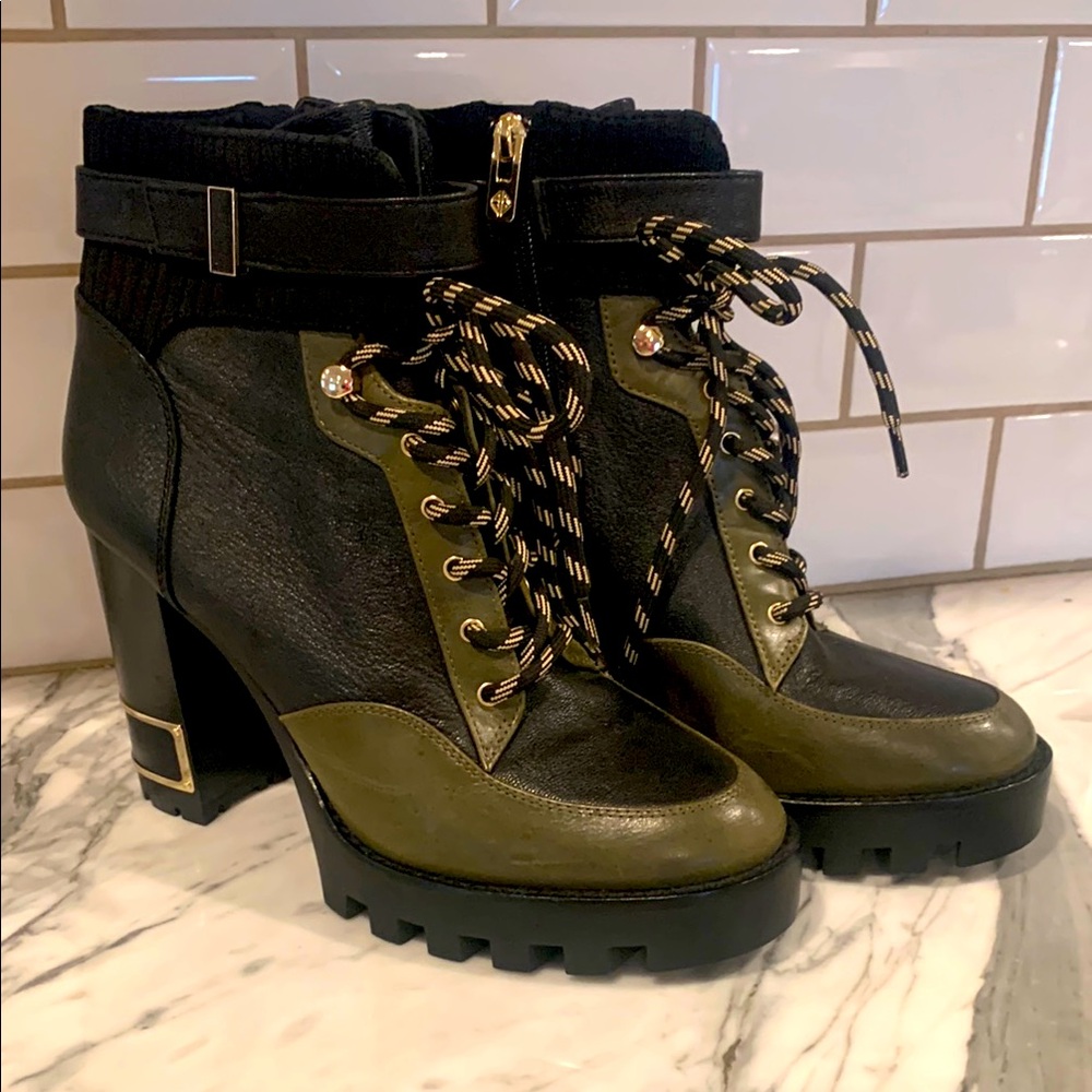 Antonio Melani Perline Leather Lace-Up Chunky Lug Sole Platform Heel Booties.